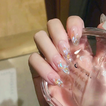 24Pcs/Set Pink Bow French Fake Nails Art Cute with Diamonds Girls Reusable Ballet Press on Nail Tips Oval Acrylic Stick on Nails