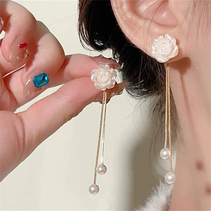 1Pair Korean Style Long Imitation Pearl Tassel Dangle Earrings For Women Trendy Full Crystal Fringe Drop Earring Vintage Jewelry