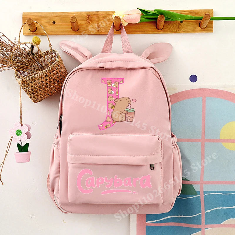 Capybara Cute Backpack Girls Capibara Anime Letter A-Z Schoolbag Kids School Travel Shoulders Bag Outdoor Sport Rucksack Gift