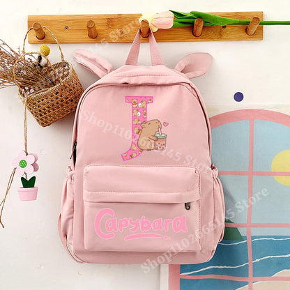 Capybara Cute Backpack Girls Capibara Anime Letter A-Z Schoolbag Kids School Travel Shoulders Bag Outdoor Sport Rucksack Gift