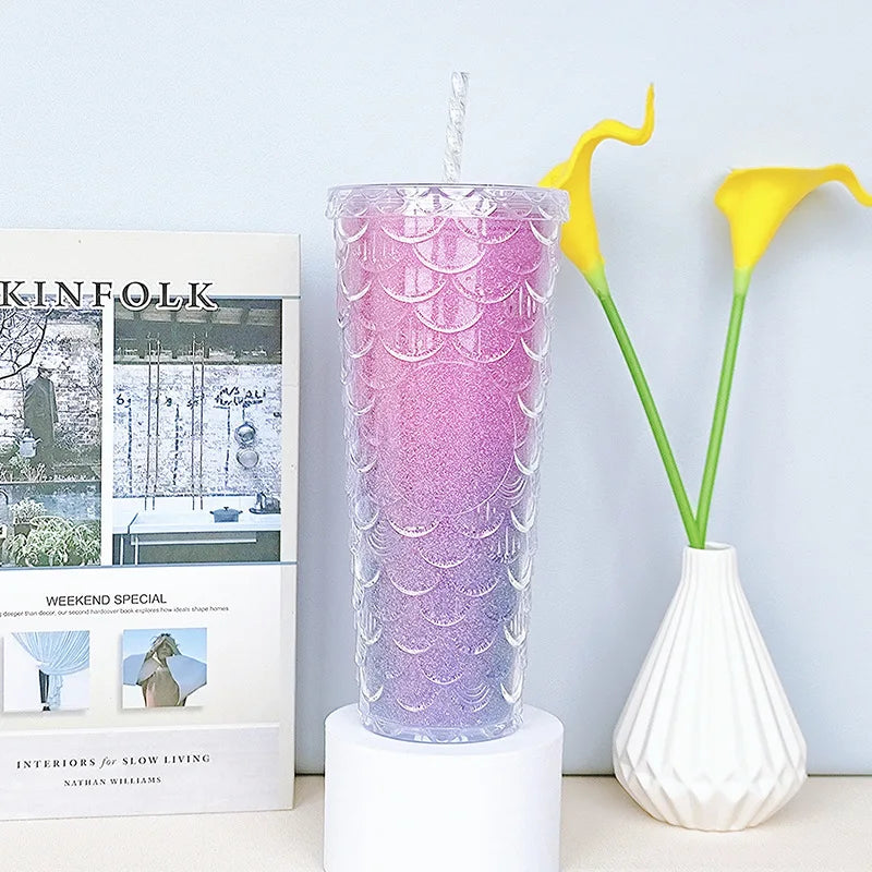 LUSQI 710ml Water Bottles With Straw Large Capacity Reusable - Creative Fish Scale Devise Plastic Drinking Cup