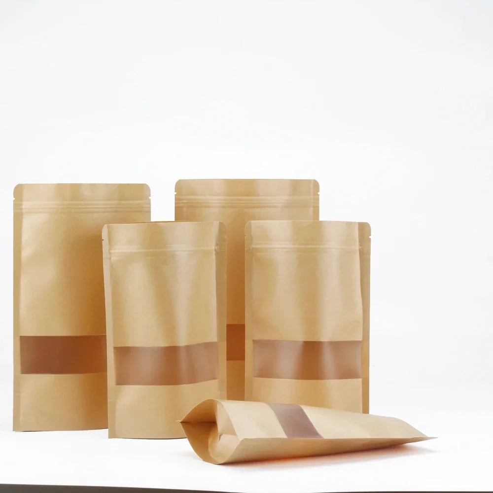 20/50pcs Kraft Paper Zip Lock Bags with Clear Window Reusable Packing Stand Up Gift Dried Food Fruit Tea Self Sealing Pouches