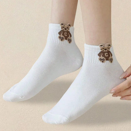 5 Pairs Women Cartoon Teddy Bear Patterned Ankle Socks Versatile Fashionable Creative Breathable Comfortable Casual Socks