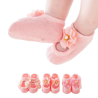 1 Pair Cute Baby Socks Girls Spring Newborn Kids Flower Bowknot Lace Non-slip Children Floor Anti Skid Toddler Slipper