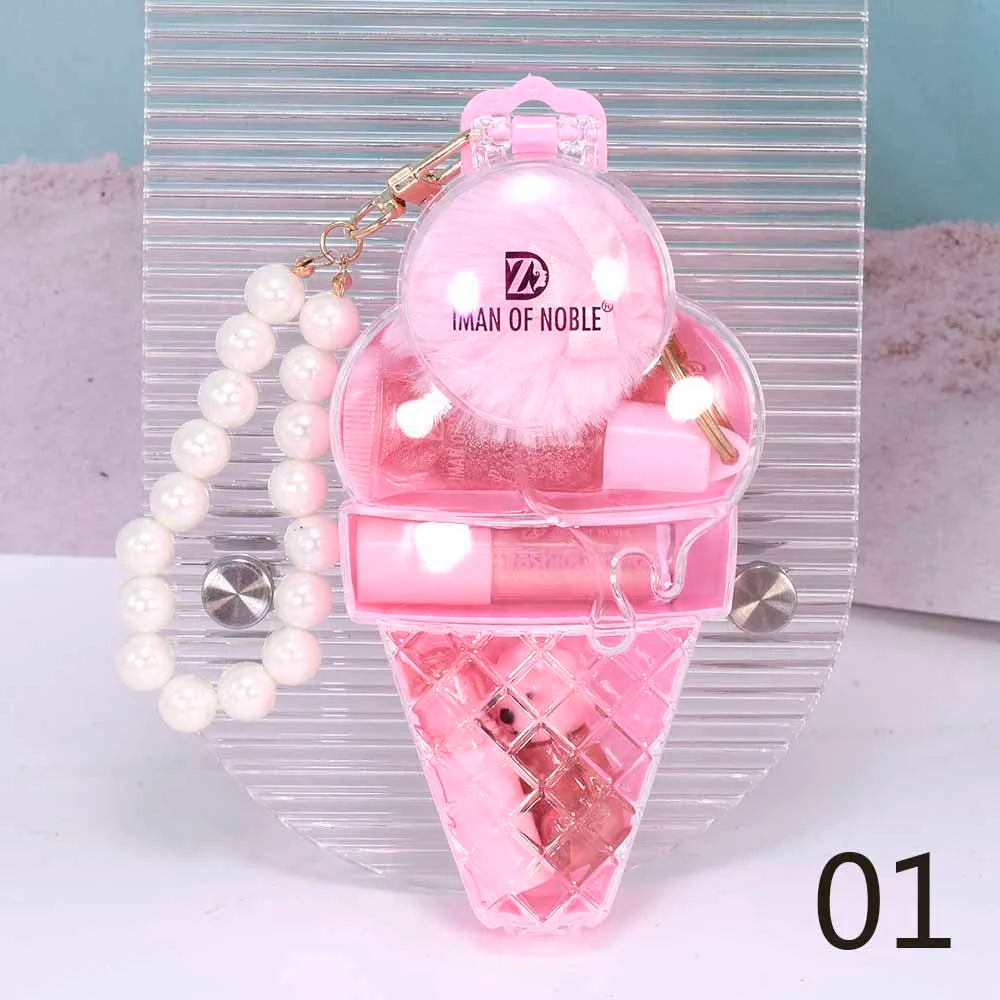 Cute Ice Cream Bear Lip Gloss Set Keychain Lip Gloss Waterproof Longlasting Girls Lips Makeup