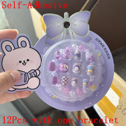 12pcs Cute Kids Dress-Up Fake Nail Girls Press on Nails Princess Pretend Play Toy Nail Tips Self-adhesive Children False Nails *
