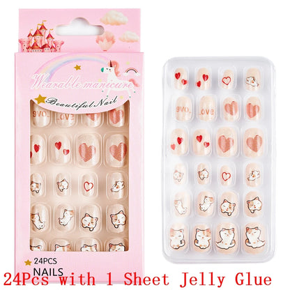 12pcs Cute Kids Dress-Up Fake Nail Girls Press on Nails Princess Pretend Play Toy Nail Tips Self-adhesive Children False Nails *