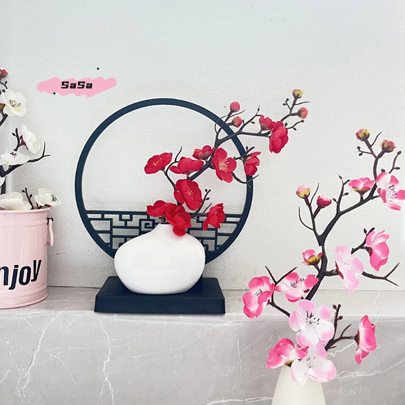 1Pc 15cm Elegant Artificial Plum Blossom Bonsai Set with Screen Base Chinese-Inspired Home & Office Decor Includes Pot