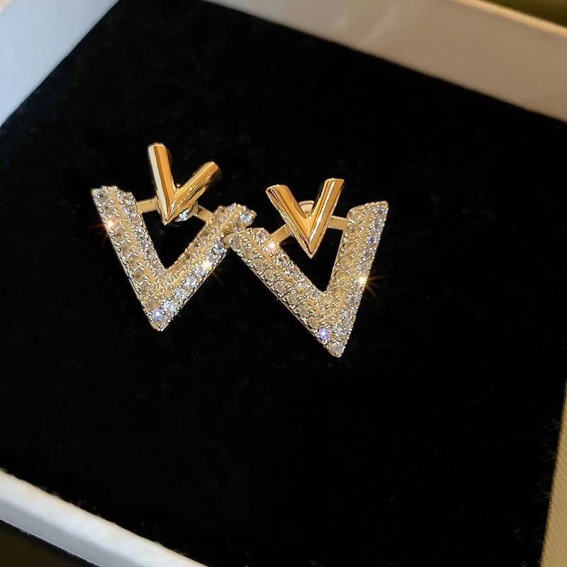 925 Silver Needle Korean Fashion Double V Crystal Earrings For Women Jewelry 2026 Trending Luxury Women's Earrings Behind Ear
