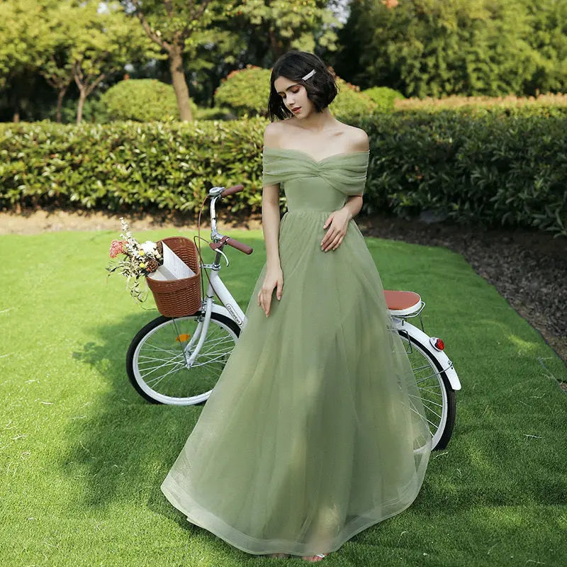 Elegant Green Tulle Bridesmaid Dress Women's Off Shoulder A-Line Evening Gowns Elegant Wedding Party Guest Long Dresses