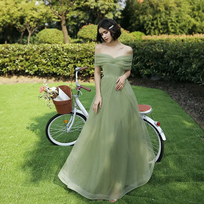 Elegant Green Tulle Bridesmaid Dress Women's Off Shoulder A-Line Evening Gowns Elegant Wedding Party Guest Long Dresses