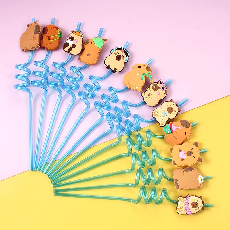 12pcs Cartoon Capybara Reusable Straws Durable PET Plastic,  Fun Animal Designs for Kids Parties, Birthdays, Home Decor Supplies