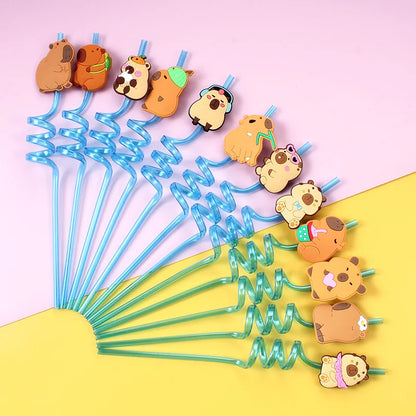 12pcs Cartoon Capybara Reusable Straws Durable PET Plastic,  Fun Animal Designs for Kids Parties, Birthdays, Home Decor Supplies