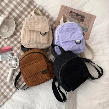 Women's Mini Backpack Fashion Solid Color Corduroy Small Simple Leisure Travel Large Capacity Durable  School Bag