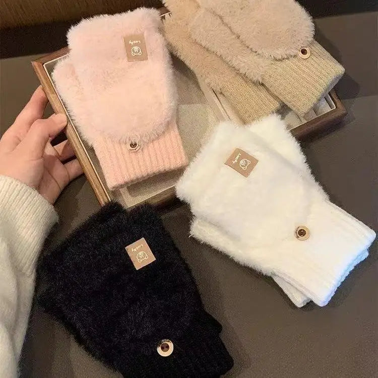 Winter Soft Fleece Half Finger Gloves Plush Knitted Fingerless Gloves Fuzzy Flexible flip Wrist Mittens Student Writting Gloves
