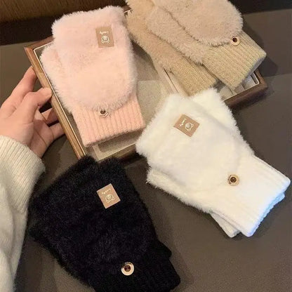 Winter Soft Fleece Half Finger Gloves Plush Knitted Fingerless Gloves Fuzzy Flexible flip Wrist Mittens Student Writting Gloves