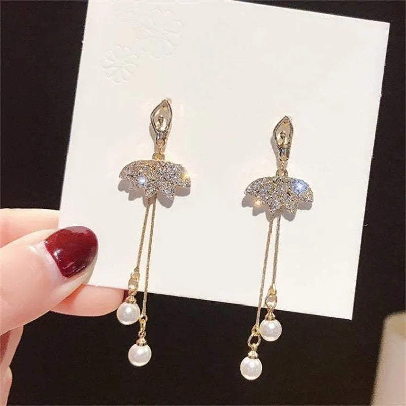 1Pair Korean Style Long Imitation Pearl Tassel Dangle Earrings For Women Trendy Full Crystal Fringe Drop Earring Vintage Jewelry