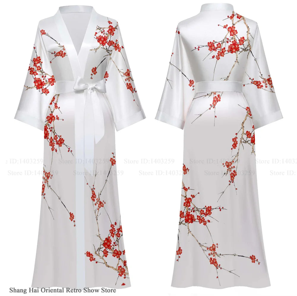 Elegant Print Flower Women Long Robe Loungewear Silky Satin Kimono Bathrobe Gown Spring Autumn New Sleepwear Home Dress Negligee