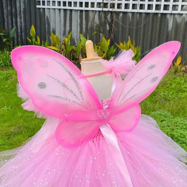 Girls Pink Fairy Dress Kids Glitter Tutu Flower Dresses with Wing and Stick Hairbow Children Birthday Halloween Party Costumes