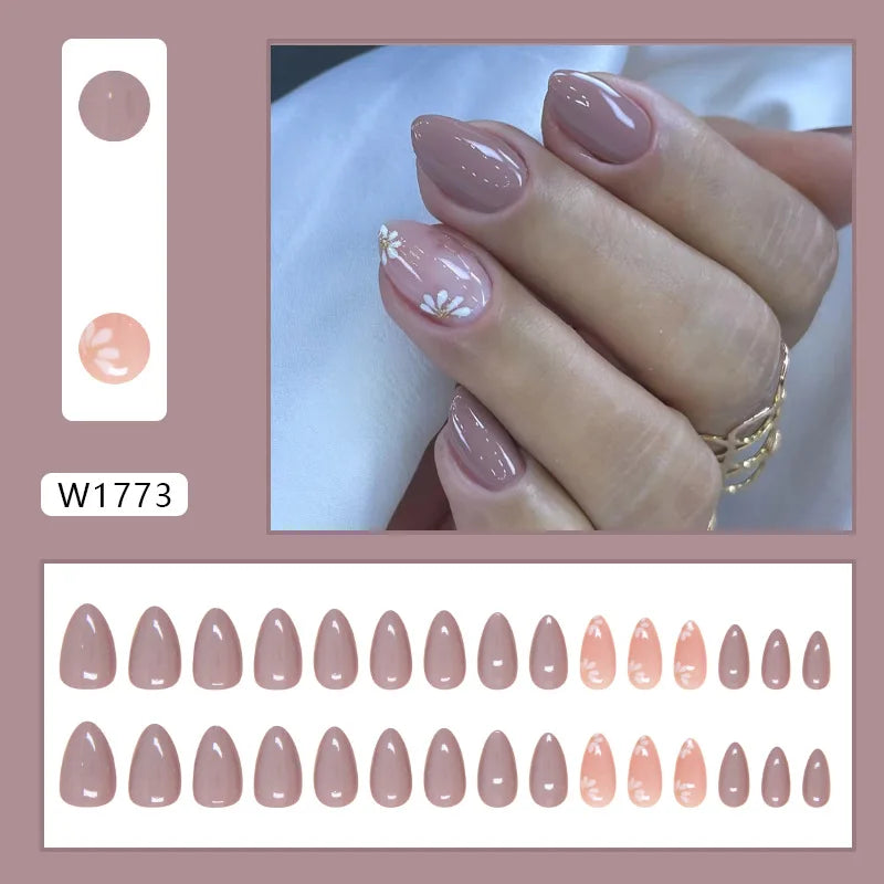 Caramel Flower 24 Pcs Press on Nails Pink Gradient Fake Nails Glossy Artificial Finger Manicure Reusable False Nails for Women