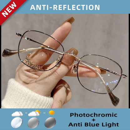 EYORA Ultralight Luxury Alloy Small Frame Reading Glasses Anti Blue Light Myopia and Hyperopia Photochromic Prescription Eyewear