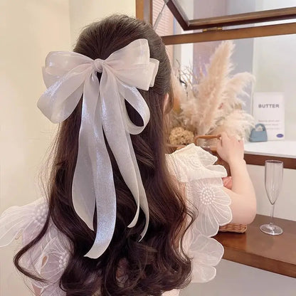 Women Elegant Lace Bow Ribbon Hair Clips Solid Color Satin Заколка Бант Girls Korean Hairpins Party Headdress Hair Accessories