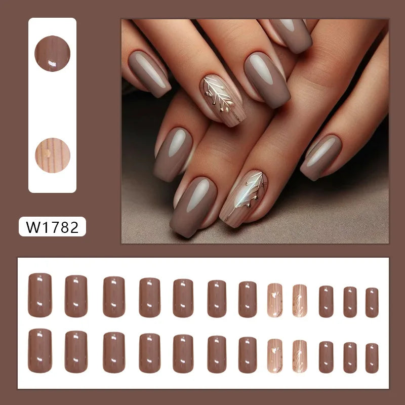 Caramel Flower 24 Pcs Press on Nails Pink Gradient Fake Nails Glossy Artificial Finger Manicure Reusable False Nails for Women