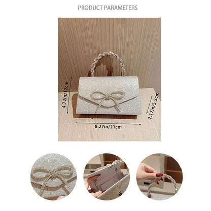 Fashion Rhinestone Bowknot Evening Bag Glitter Gold Silver Bow Chain Bag Clutch Bag for Women Female