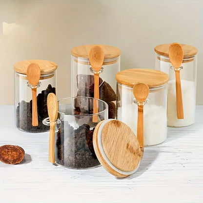 4pcs Set Glass Sealed Jars with Spoons & Bamboo Lids - Leakproof Kitchen Storage for Grains, Tea, Coffee Beans & Spices