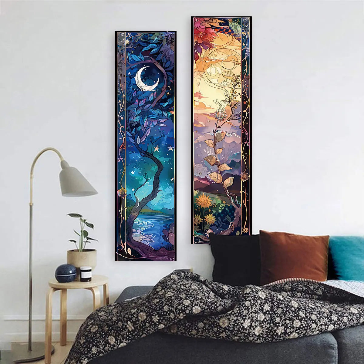 Landscape Vertical Banner Sun And Moon Tapestry Tree of Life Floral Starry Night Wall Decoration Aesthetic Tapestry Home Decor