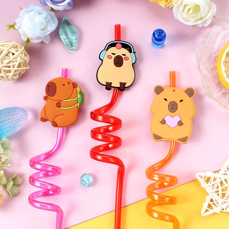 12pcs Cartoon Capybara Reusable Straws Durable PET Plastic,  Fun Animal Designs for Kids Parties, Birthdays, Home Decor Supplies