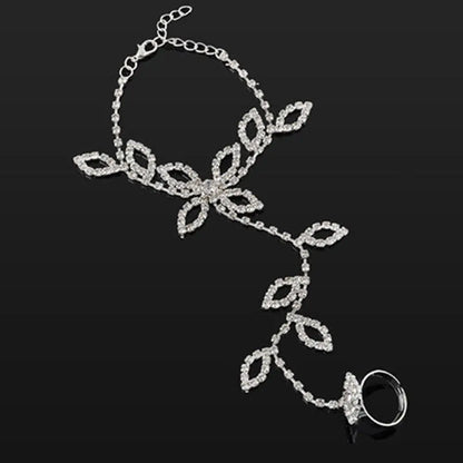 Crystal Rhinestone Leaf Hand Harness Bracelet Slave Chain Bracelet Ring Link Foot Finger Ring Finger Bracelet