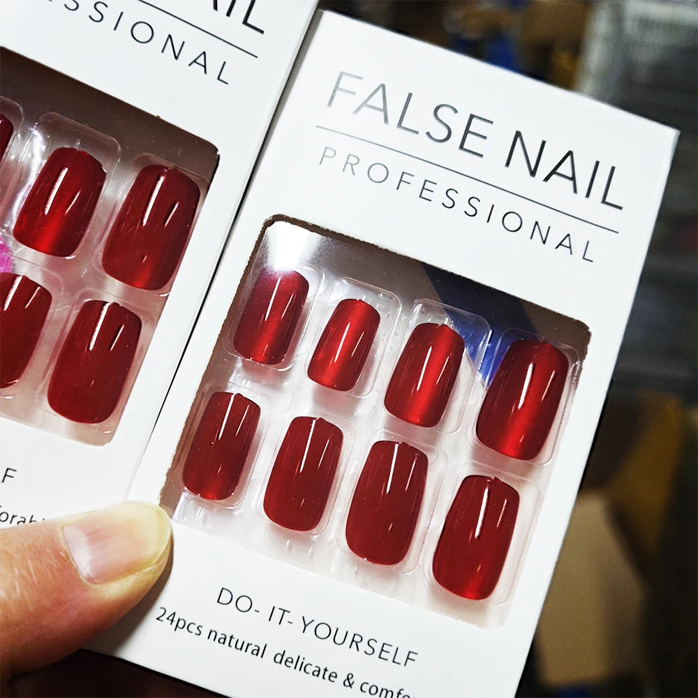 96/48/24PCS Sexy Red Cateye Press On Nails Medium Square Glossy Full Cover Detachable False Nails For Girl Valentine Girls' Gift