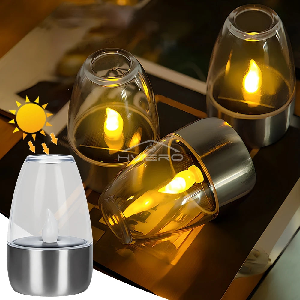 Home Solar Light LED Stainless Steel Candle Outdoor Courtyard Decorative Atmosphere Night Light Halloween Candlelight Dinner Led