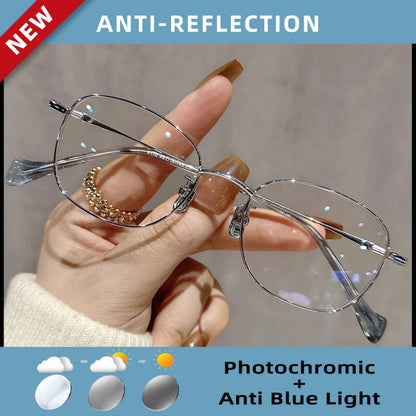 EYORA Ultralight Luxury Alloy Small Frame Reading Glasses Anti Blue Light Myopia and Hyperopia Photochromic Prescription Eyewear