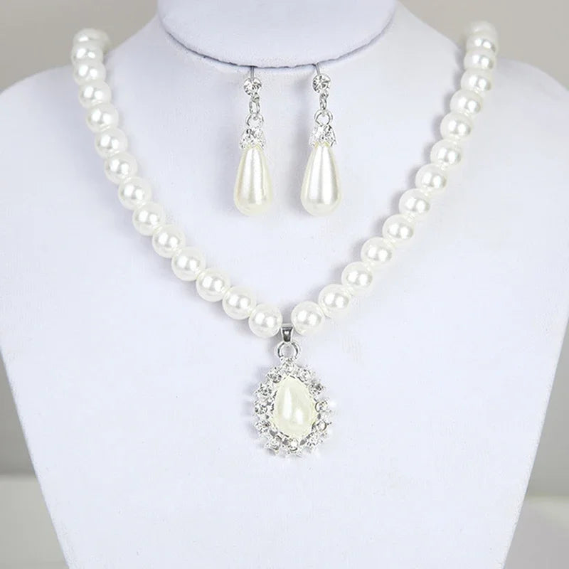 2Pcs/lot Simple Fashion Geometric Zircon Necklace Earrings Kit For Women Wedding Bride Jewelry Set Accessories Gift