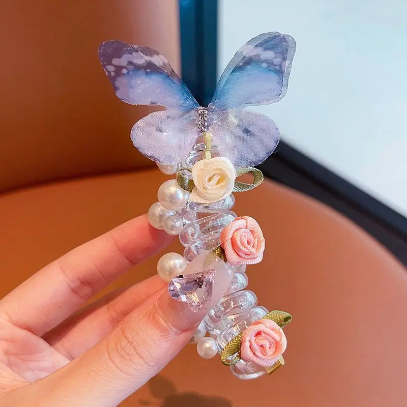 Sweet Butterfly Rose Phone Line Hair Hoop Children's Phone Line Braided Hair Rope Girls' Hair Tie Headwear