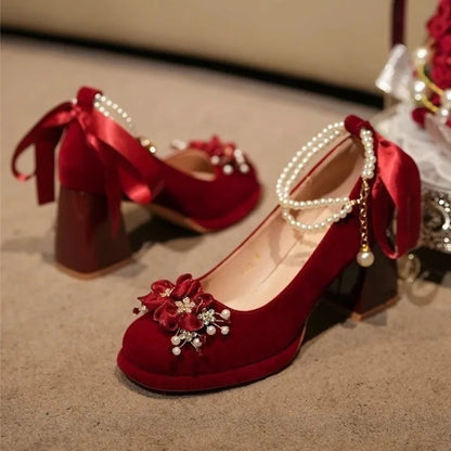Red Wedding Shoes, Two-wear Wedding Dress, Mary Jane's Thick and High Heel Women's Shoes 2025 New Style