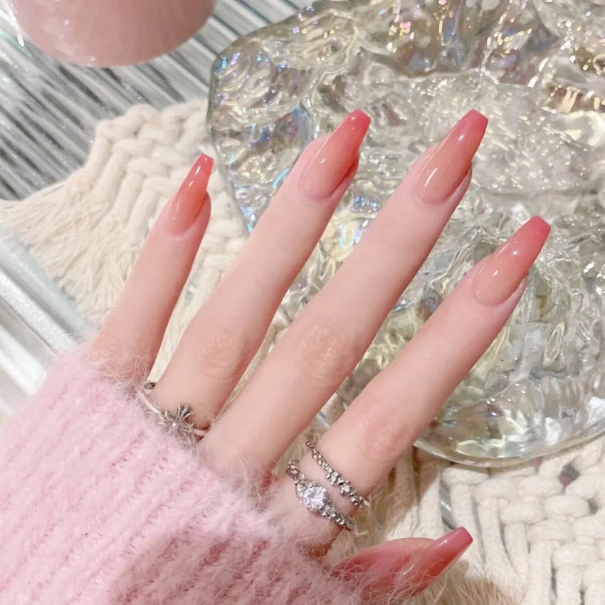 24Pcs/Box Charming Pink Flame Short Detachable Finished Fingernails Ballet Wearable Fake Nails press on Square Head Full Cover