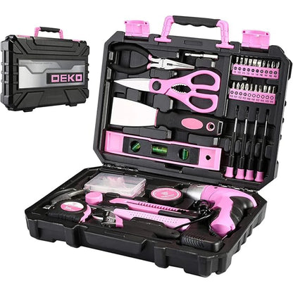 DEKO DKMT98-GP Pink 98 Piece Tool Set General Household Hand Tool & for Woodworking Kit with Plastic Toolbox Storage Case