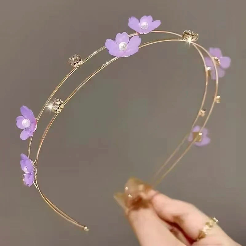 New Double Layer Metal Hairband Flower Pearl Headband for Women Headwear Shiny Rhinestone Hair Band Hoop Hair Accessories