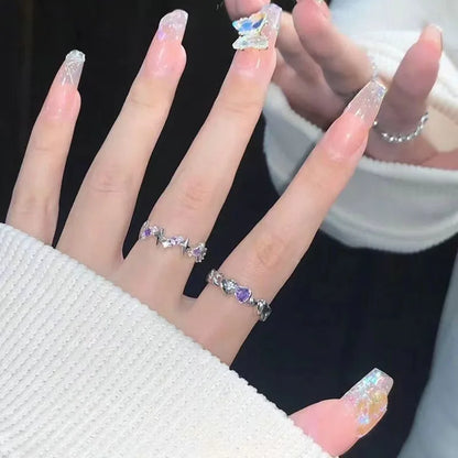Korean Fashion Exquisite Purple Zircon Heart Star Ring Y2K Girls Pink Crystal Bow Knot Ring Women Party Dating Jewelry Gifts