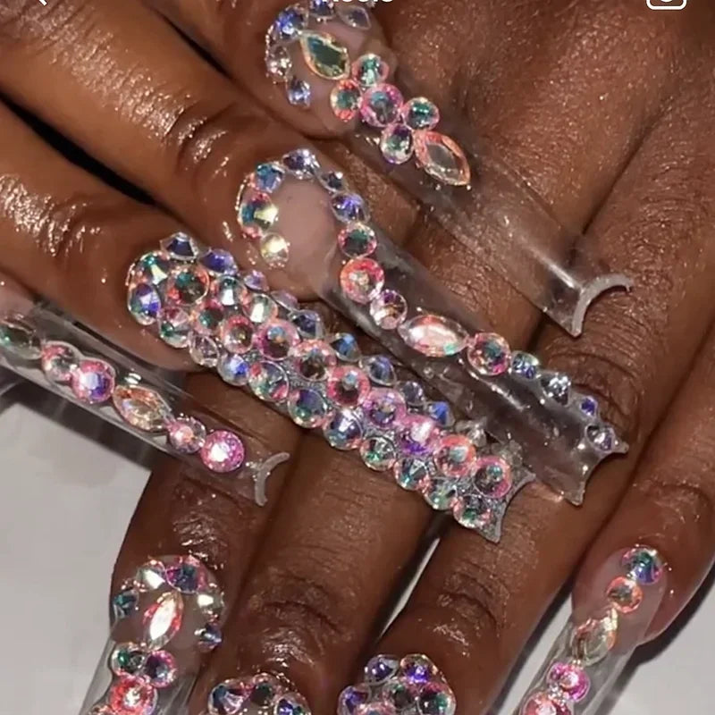 Customized Bling Rhinestone XXXL Press On Nails Handmade Luxury 5CM Long Coffin Stiletto False Nail Tip Reusable Fake Nail Party