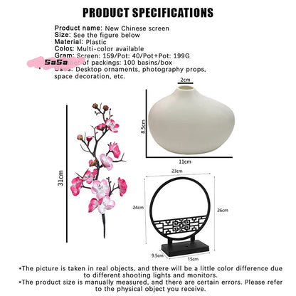 1Pc 15cm Elegant Artificial Plum Blossom Bonsai Set with Screen Base Chinese-Inspired Home & Office Decor Includes Pot