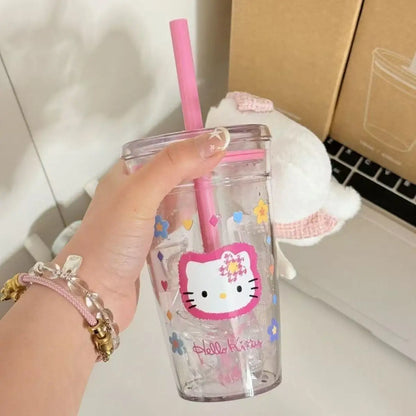 Hello Kitty Pink Straw Cup with Lid Plastic Student Portable Cup KT Cat Large-Capacity Transparent Plastic Water Cup Girl Gift