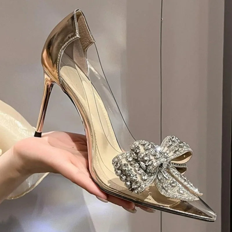 Luxury Pointed Crystal Fairy Ladies Wind Sandals Rhinestone Butterfly-knot Transparent High Heel Pumps Women Fashion Dress Shoes