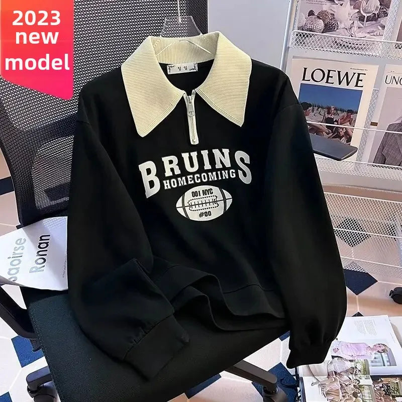 Long Sleeve Women's Fashionable Loose Polo Neck Printed T-shirt Spring Autumn Winter New Style Base Layer Shirt Outerwear