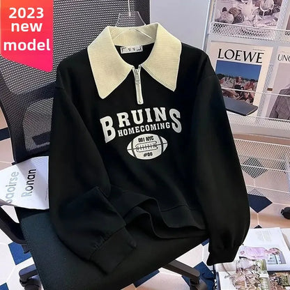Long Sleeve Women's Fashionable Loose Polo Neck Printed T-shirt Spring Autumn Winter New Style Base Layer Shirt Outerwear