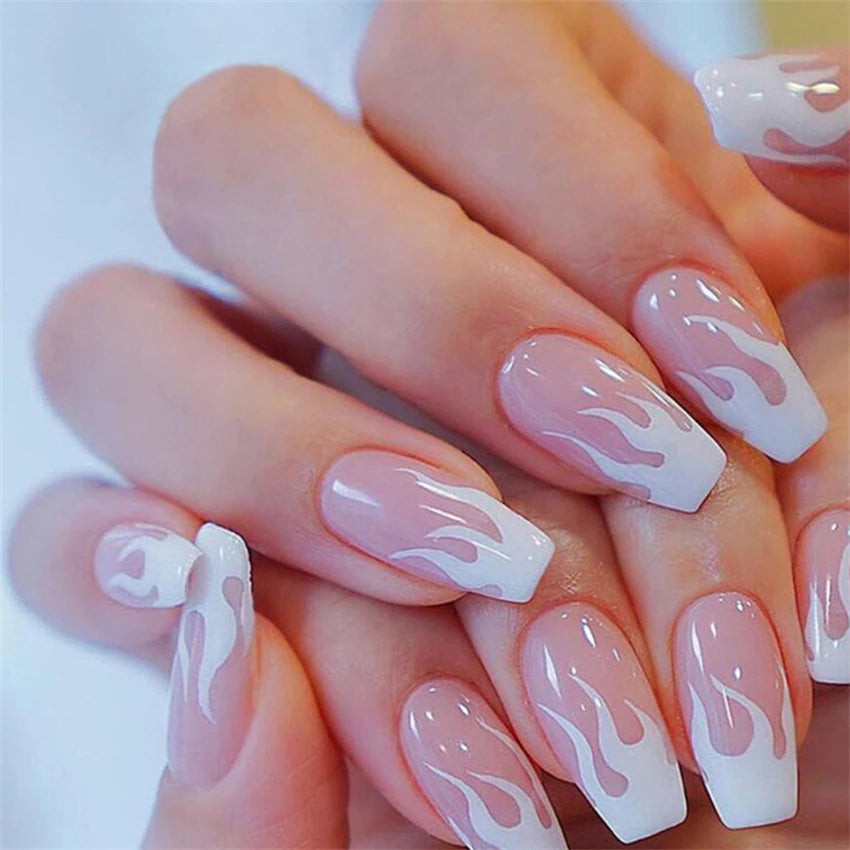 24Pcs/Box Charming Pink Flame Short Detachable Finished Fingernails Ballet Wearable Fake Nails press on Square Head Full Cover