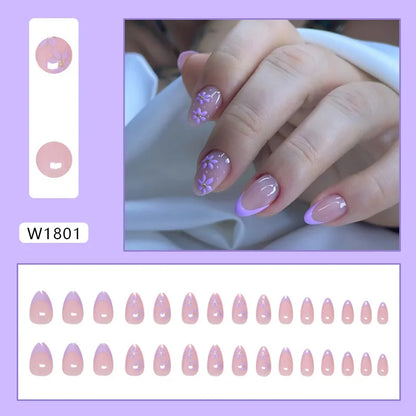 Caramel Flower 24 Pcs Press on Nails Pink Gradient Fake Nails Glossy Artificial Finger Manicure Reusable False Nails for Women